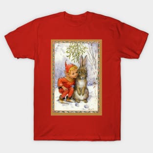 Elf and Rabbit Under Mistletoe Christmas - Margaret Tarrant T-Shirt